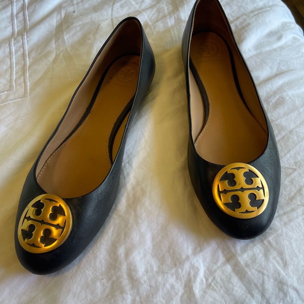 Black Tory Burch Leather Flats with Gold Accents
